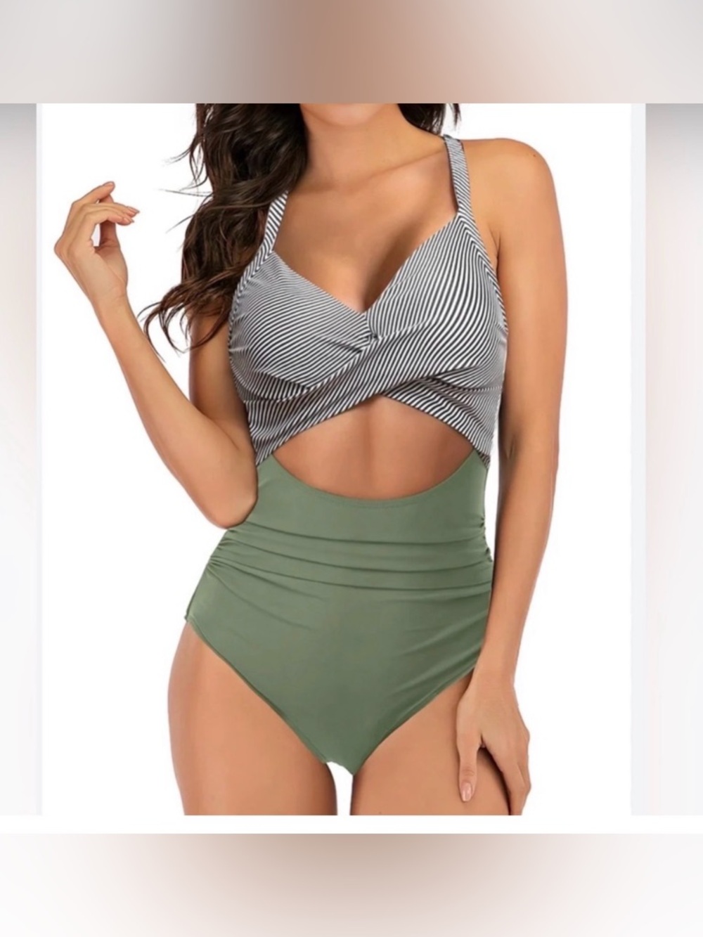 Eomenie Green Stripe Cutout Twist Front One-Piece Swimsuit Size med NWT